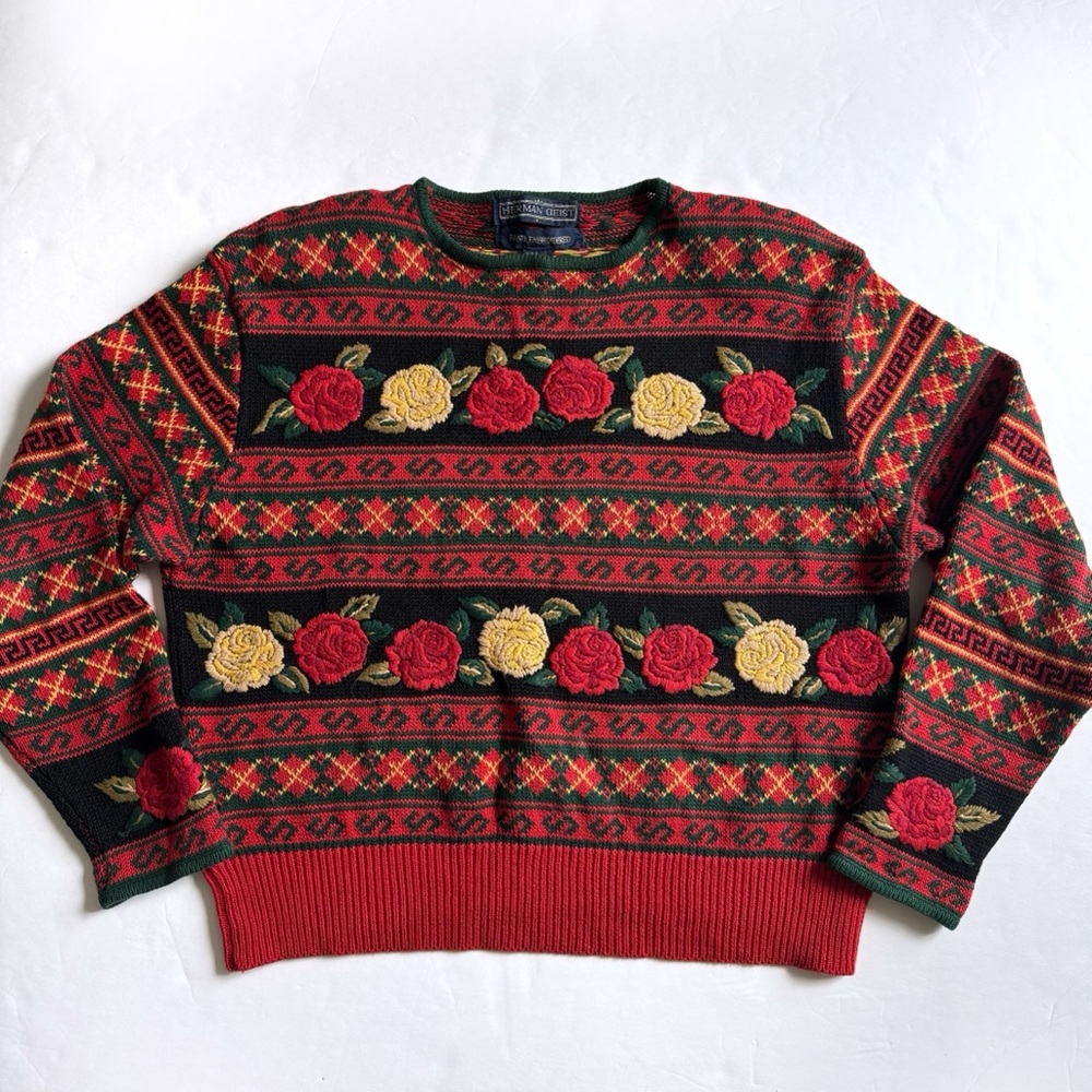 Vintage Herman Geist Floral Hand Embroidered Sweater Large Red 90s Argyle Roses